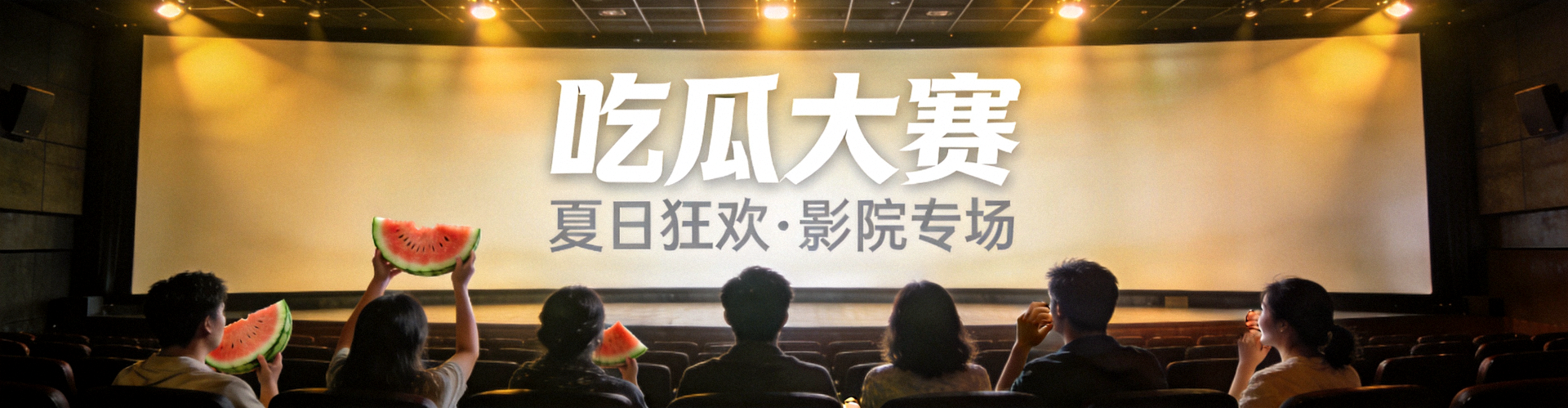 吃瓜大赛首屏焦点图 - 电影院屏幕与观众背影，营造沉浸式观影氛围